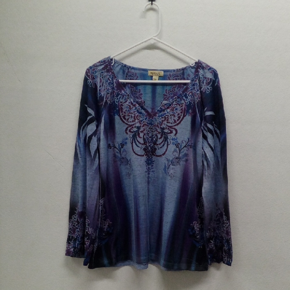 One World Floral Bling Blue and Purple Long Sleeve